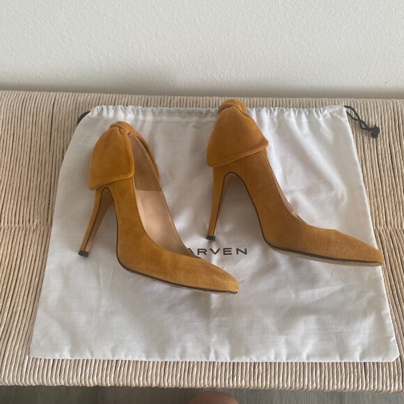 Carven dandelion orange suede bow back 4"/100mm high heel pumps - Picture 4 of 7